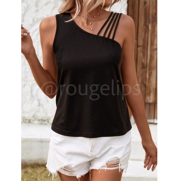 Strappy Black Tank Top Asymmetric Neck Stretchy - Picture 5 of 7